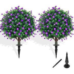 Artificial Topiary Tree with Pink Eucalyptus, Set of 2 Artificial Shrub Bushes with Ground Spike, Fake Evergreen Tree for Porch, Artificial Plants for Outdoor Planters Indoor UV Resist