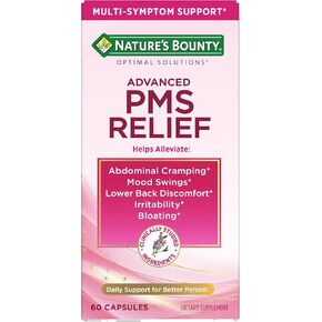 Nature's Bounty Optimal Solutions Advanced PMS Relief for Menstrual Cycle Support; Period Relief; PMS Support Supplement for Women – Chasteberry; Hormone-Free; 60 Capsules