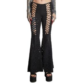 Dolls Kill Beyond The Woods Flare Pants by Widow – Gothic Lace-Up Flared Pants with Shredded Hole Design