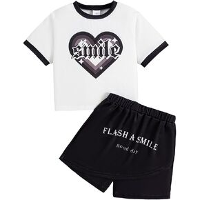 Girl's 2 Piece Outfit Graphic Print Short Sleeve Tee Top and Track Shorts Set Summer Clothes