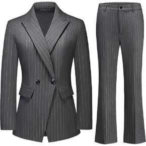 Lamgool Women's Pinstrip Suit 2 Pieces Slim Fit Business Blazer Flared Pants Set for Work