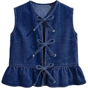 SweatyRocks Girl's Sleeveless Denim Top Tie Front Ruffle Jean Vest