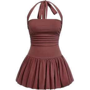 SOLY HUX Women's Bubble Mini Dress Halter Backless Ruched Y2K Club Party Short Sundress with Built-in Shorts