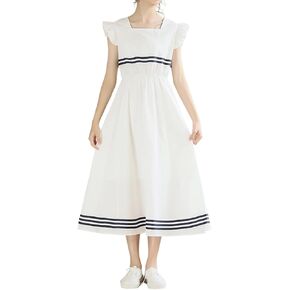 LittleSpring Girls Nautical Dress with Ruffle Sleeve Sleeveless Uniform Dresses 7-16 Years