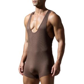 ABAFIP Men's Athletic Bodysuit Sleeveless Singlet Leotard Deep U Neck Tank Top Undershirt Shorts Jumpsuit