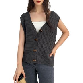 Velius Womens V Neck Button Down Crochet Knit Trendy Sweater Vest Top