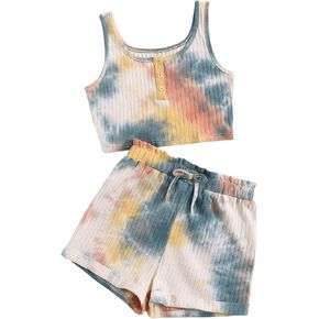 Girl's 2 Piece Tie Dye Summer Outfits Ribbed Knit Scoop Neck Button Front Crop Tank Top and Shorts Set