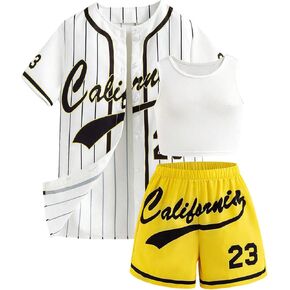 Girl's 3 Piece Letter Graphic Shorts Set Button Down Jersey Shirt Camisole Shorts Outfits Streetwear