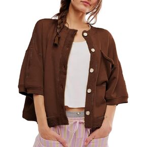 QIBABU Womens Button Down Cardigan Casual Open Front 3/4 Sleeve Crewneck Sweatshirt Tops