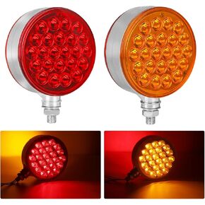 2 Pcs 4 Inch Amber/Red Double Face Round Lights,48 LED Pedestal Fender Lights Turn Signal Chrome Miro-reflex Sealed Replacement for Semi Truck Trailers Peterbilt Kenworth Freightliner 10V-30V