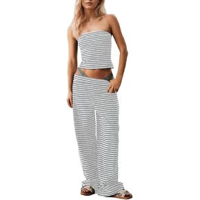 Summer Striped 2 Piece Lounge Sets For Women Casual Strapless Crop Tube Tops Wide Leg Pants Sets Matching Pajama Sets