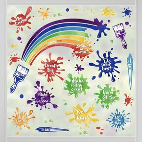 Yovkky Inspirational Quote Rainbow Painting Window Clings 4 Sheets, Motivational Colorful Splatter Splotches Paint Brush Stickers Decals Decor, Positive Home Playroom School Classroom Decorations