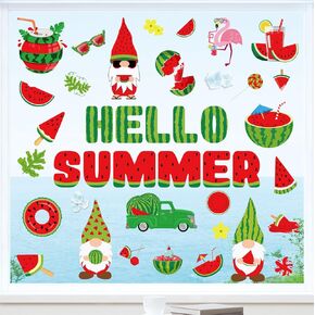 6 Sheet Summer Window Clings Cartoon Watermelon Gnome Truck Reusable Window Decal for Home School Classroom Glass Decor Fruit Birthday Party Supplies