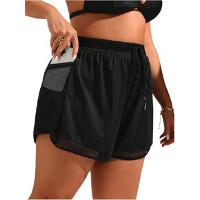 MakeMeChic Women's Plus Size Board Shorts Drawstring Waist Contrast Mesh Beach Shorts