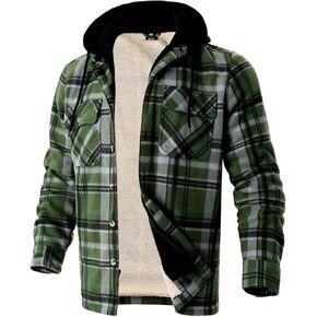 TanBridge Men's Cotton Plaid Shirts Jacket Full Zip Fleece Flannel Sherpa Lined Hoodies Heavyweight Hoodies Jacket for Men