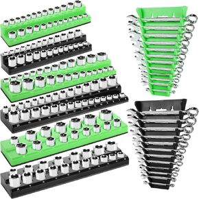 Blulu 8 Pack Magnetic Socket Organizer Set 1/4", 3/8", 1/2" Socket Holder, Magnetic Wrench Organizer 24-slot Drawer Storage Rack Tool Tray SAE (1/4" to 1-1/16"), Metric (6mm to 24mm), Green Black