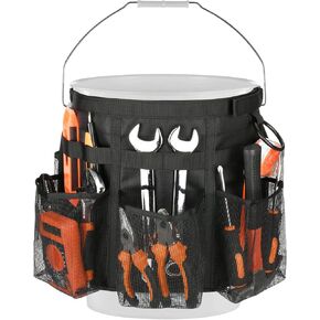 Homakover 5 Gallon Bucket Tool Organizer, 5 Gallon Bucket Holder with Fast-Drying Exterior Mesh Pockets, Bucket Tool Organizer for Clean Supplier Garden Cleaning Car Wash Supplies, Black