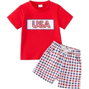 Toddler Boy 4th of July Outfit Embroidered American Flag/Truck Shirt+Striped Shorts Independence Day 1-5T