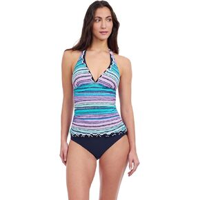 Profile by Gottex Women's Harmony Blue Stripe Ruffle Trim D-Cup Tankini Bathing Suit Top Swim Essential