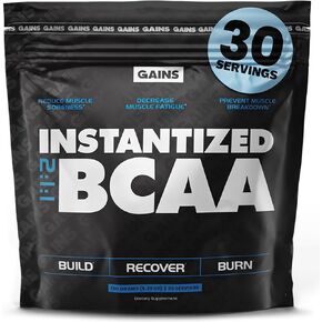 Gains in Bulk Bcaa Powder, Pre Workout Plant Based Branch Chain Amino Acids, Gluten Free, Vegan Supplement with Keratin for Endurance & Strength During & Post Workout, Unflavored, 30 Servings