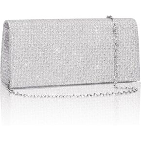 Evening Bag Clutch Purse for Women, Silver Formal Handbag with Crossbody Chain, Glittery Purse for Wedding Porm