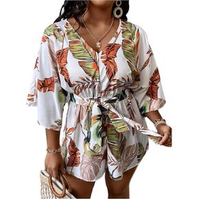 Floerns Women's Plus Size Tropical Short Romper V Neck 3/4 Sleeve Belted Jumpsuit