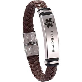 Non Epileptic Seizure Bracelet Mens Womens Stainless Steel Braided Leather Medical Alert Wristband Sos ICE Personalized Customized Medical ID Bracelet Awareness Emergency with Medic Card