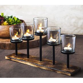 Elegant Decorative Votive Candle Holder Centerpiece, 5 Glass Cups on Wood Base-Tray for Anniversary, Wedding, Dining Table Centerpiece, Decorations Living Room, Decor Coffee Table Centerpiece, Menorah