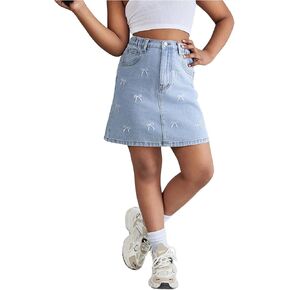 Girl's Bow Embroidery Denim Skirt Y2k Elastic High Waist A Line Jean Skirts with Pockets