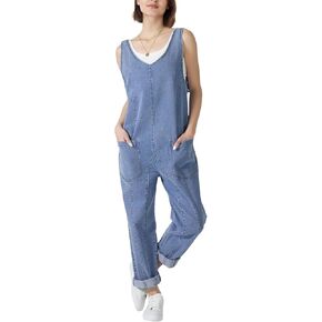HISEA Womens Denim Overalls Jumpsuits Sleeveless V Neck Casual Baggy Overalls Relaxed Fit Jean Jumpers with Pockets