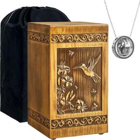 Wooden Urn for Ashes Adult Male Female, Handcrafted Large Cremation Urns Box for Human Ashes Adult Man Woman, Memorial Decorative Funeral Urn with Hummingbird Carvings, with Velvet Bag & Necklace
