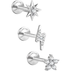 G23 Implant Grade Titanium Flat Back Earrings 5A CZ Studs: 14K Gold Hypoallergenic 3 Pcs 18G Internally Threaded Tragus Cartilage Conch Helix Piercing Jewelry for Sensitive Ears Women Men