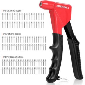 Arrow 3-in-1 Rivet Gun, One-Handed Headless Pop Rivet Gun Kit with 150Pcs Rivets, Professional Manual Heavy Duty Rivet Gun Kit Without Head Change, for Metal, Wood and Plastic