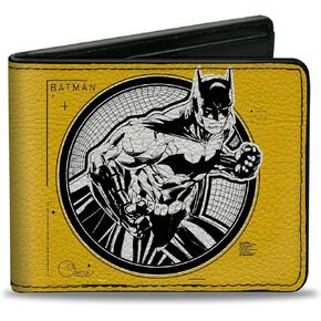 Buckle-Down Men's DC Comics Wallet, Bifold, Batman Tech Action Pose Bat Logo Yellow Black White, Vegan Leather, 4.0" x 3.5"