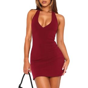 Women Sexy Bodycon Mini Dress V Neck Halter Backless Dress Club Cocktail Going Out Dresses