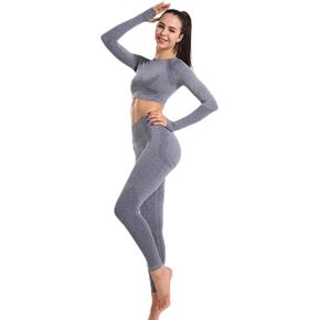 Women's Seamless Yoga Set, Gym Clothing Fitness Leggings+Cropped Shirts, Long Sleeve Tracksuit