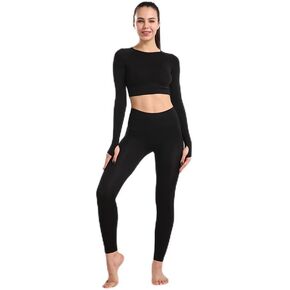 Women's Seamless Yoga Set, Gym Clothing Fitness Leggings+Cropped Shirts, Long Sleeve Tracksuit in Kuwait