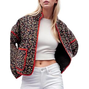 COZYPOIN Women Floral Printed Quilted Jacket Colorblock Lightweight Padded Jacket Puffer Coat Outwear