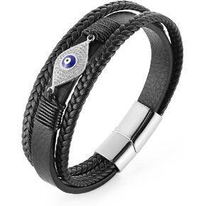 HZMAN 8.5Inch The Evil Eye Bracelet with Rhinestones Embedded In Genuine Leather for Men Black Leather Bracelet