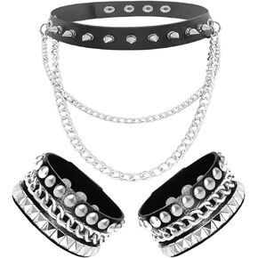 3 Pieces Vintage Goth Punk Jewelry Set Chain Leather Collar Choker and Studded Bracelets Combo
