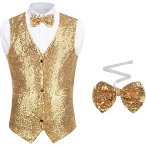Sequin Suit Tuxedo Vest Men with Bows Ties, Formal Daily Disco Party