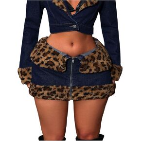MakeMeChic Women's Leopard Faux Fur Denim Mini Skirts Going Out High Waisted Y2K Jean Skirts