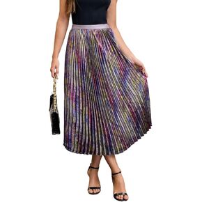 Multicolor Metallic Gradient Shiny Women High Waist Pleated Midi Skirt