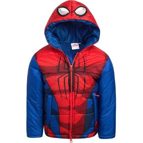 Marvel Boys' Puffer Jacket - Spiderman, Miles, and Spider Gwen Quilted Zip Up Insulated Hooded Winter Jacket for Boys (2T-7), Size 5-6, Red/Blue