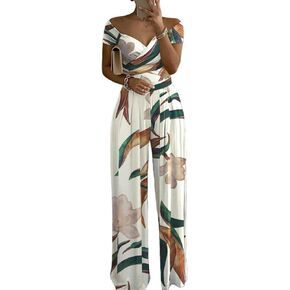 CHICME Women's Tropical Print Off the Shoulder Summer Overalls Jumpsuits Ruched Waist Wide Leg Long Pants