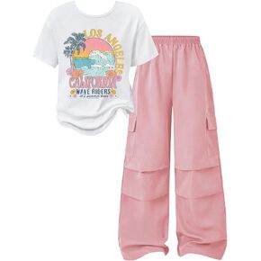 Girl's 2 Piece Outfits Short Sleeve Graphic Tees and Wide Leg Cargo Pants Set Streetwear