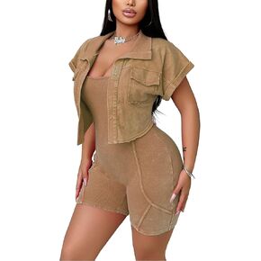 Women's Workout Jumpsuits Two Piece Ribbed Square Neck Yoga Romper Short Sexy Bodycon Bodysuits Summer Outfits
