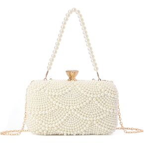 Lanpet Women Pearl Clutch Purse Noble Crystal Beaded Evening Bag for Wedding Bridal Party Prom with Pearl Chain Strap,Beige