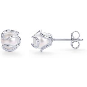 PAVOI 14K Gold Plated Round Caged Small Pearl Stud Earrings - Trendy Gold Pearl Earrings for Women - Hypoallergenic Classic Bride Jewelry