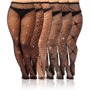 Geyoga 6 Pair Plus Size Rhinestone Fishnets Stockings Glitter Sparkly Tights High Waist Black Fishnet Pantyhose for Women